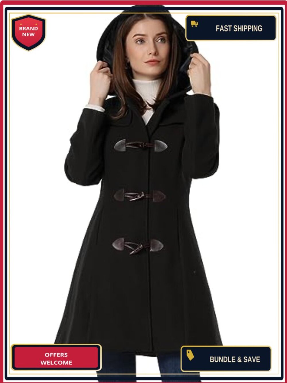 Women's Winter Overcoat Hooded Toggle Duffle Long Wool Pea Coat